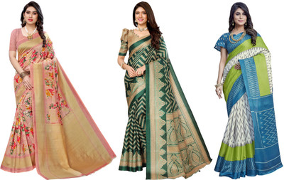 YASHIKA Printed Daily Wear Art Silk Saree(Pack of 3, Pink, Dark Green, White, Blue)