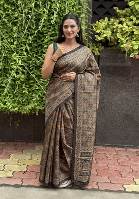 VASTRA VILLA Geometric Print Bollywood Silk Blend Saree(Grey)