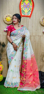 Shrutisareeghar Woven Handloom Tissue Saree(White)