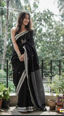 B & R CREATION Self Design Handloom Pure Cotton Saree(Black)