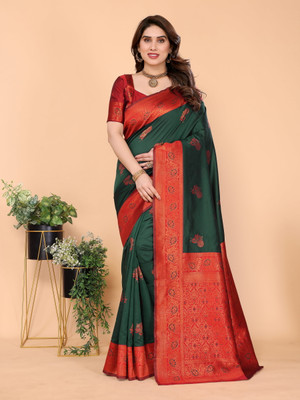 The Style Sanctuary Woven, Self Design Banarasi Silk Blend Saree(Dark Green, Red)