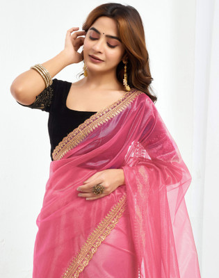 Satrani Embellished, Embroidered Bollywood Jimmy choo, Net Saree(Pink)
