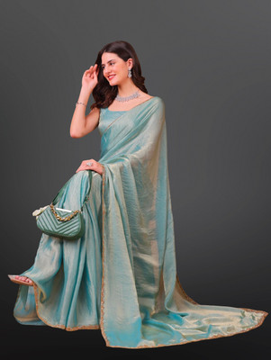 VISHNU Embroidered Bollywood Jimmy choo, Pure Silk Saree(Light Blue)