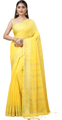 Ruuprekha Solid/Plain Handloom Cotton Silk Saree(Yellow)