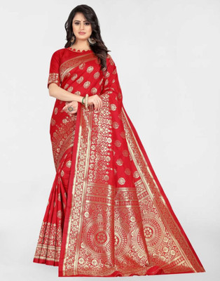 Samah Woven, Embellished, Self Design Banarasi Silk Blend, Jacquard Saree(Red, Gold)