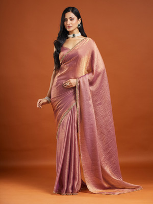 PRAJVESH Solid/Plain, Embellished Bollywood Chiffon Saree(Pink)