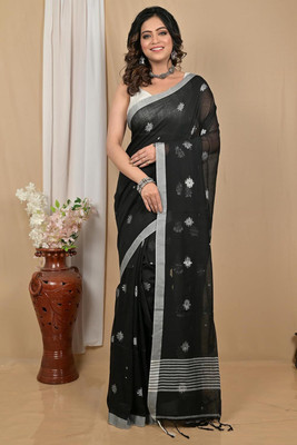 SSK Woven, Self Design, Striped Handloom Cotton Blend Saree(Red)