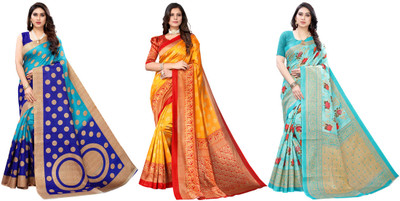 Nirvaan Printed Bhagalpuri Art Silk Saree(Pack of 3, Blue, Yellow)