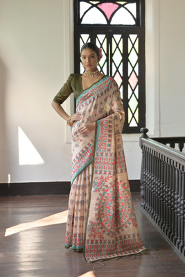 PeachPetals Printed Madhubani Silk Blend Saree(Multicolor)