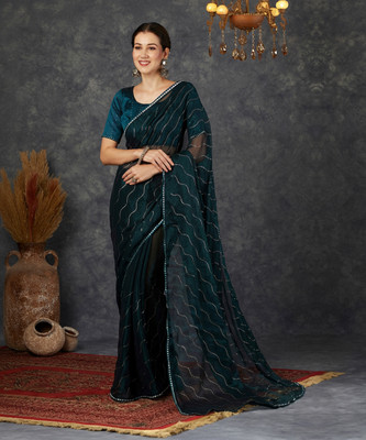 Samah Dyed, Embellished Bollywood Jimmy choo, Chiffon Saree(Blue, Silver)