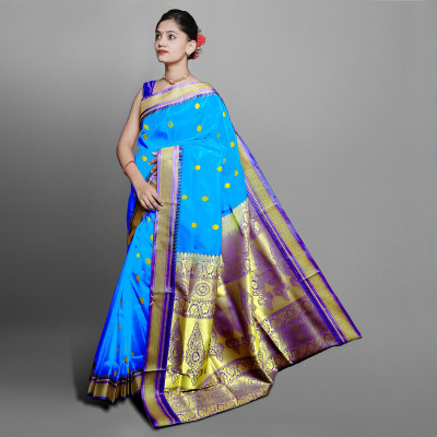 HouseOfCommon Woven Paithani Art Silk Saree(Light Blue)