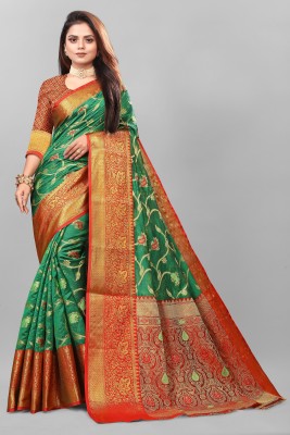 SHREE NATH CREATION Self Design Banarasi Cotton Silk Saree(Green)