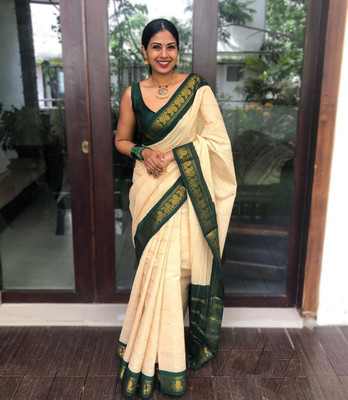 AMRUTKALA SAREES Woven Banarasi Silk Blend Saree(Beige)