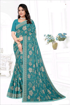 Radharani fusion Floral Print, Printed Daily Wear Georgette Saree(Light Blue)
