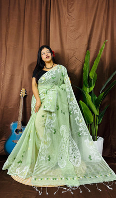 Pasum's Self Design, Embroidered, Woven, Floral Print Jamdani Cotton Silk Saree(Green)