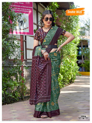 JASU CREATION Printed Ikkat Pure Cotton Saree(Green)
