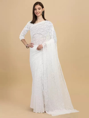 Suali Self Design Bollywood Net Saree(White)