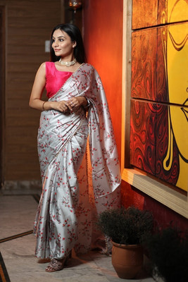 AVANSHEE Floral Print Bollywood Satin Saree(Grey)