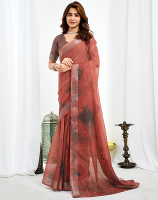 SIRIL Digital Print, Floral Print, Embellished Bollywood Linen Saree(Brown)