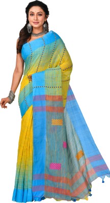 crochetin Woven Handloom Handloom Cotton Blend Saree(Yellow, Light Blue)