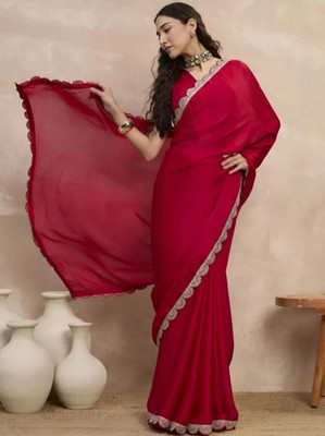 BK COLLECTION Solid/Plain Bollywood Silk Blend Saree(Red)