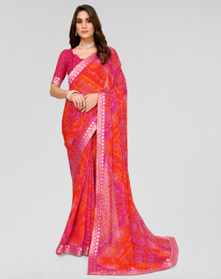 ANIRAV Printed Bollywood Georgette, Lace Saree(Pink)