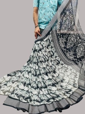 PRANJAL ART Self Design, Temple Border, Blocked Printed, Woven, Applique, Floral Print, Checkered Chanderi Jacquard, Art Silk Saree(Grey)