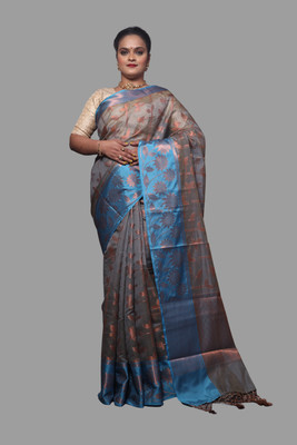 GNSARI Woven Banarasi Handloom Cotton Silk Saree(Grey)