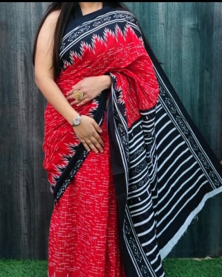 cotton mul mul Printed Daily Wear Pure Cotton Saree(Red, Black)