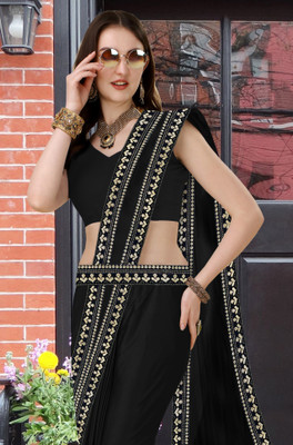 Anugrah Textile Solid/Plain Banarasi Lycra Blend, Chiffon Saree(Black)