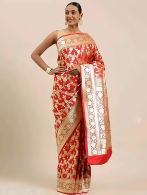Sivaham Printed Saree with Attached Blouse Silk Blend, Jacquard Saree(Red)