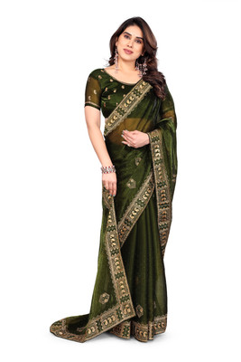 Mikhushop Embroidered Bollywood Jimmy choo Saree(Light Green)