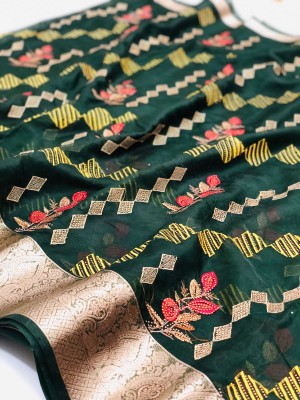 ANTARACRETION Embroidered Bollywood Organza Saree(Dark Green)