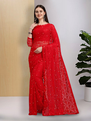 ANANYA Embellished Bollywood Net Saree(Red)