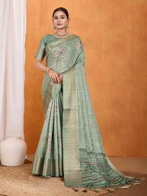 RekhaManiyar Printed Bollywood Silk Blend Saree(Green)