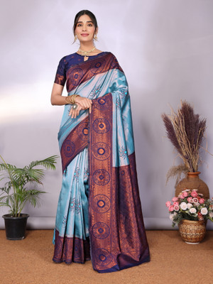 The Style Sanctuary Woven, Self Design Banarasi Silk Blend Saree(Light Green, Dark Green)