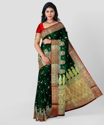 Satin Embroidered Banarasi Satin Saree(Green)