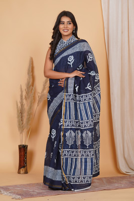 Amania Fab Tex Printed Handloom Pure Cotton Saree(Dark Blue)