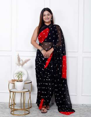 DJ Creations Self Design, Solid/Plain, Woven, Printed, Color Block Leheria Chiffon Saree(Black)