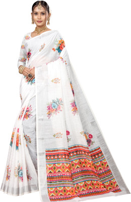 HouseOfCommon Woven Kanjivaram Pure Cotton, Cotton Linen Saree(White)