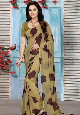 SVB Floral Print Mysore Georgette Saree(Cream, Brown)