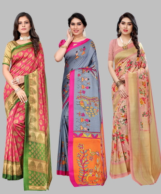 Nirvaan Printed, Paisley, Floral Print Bollywood Art Silk Saree(Pack of 3, Pink)