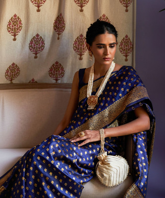 Janasya Woven, Self Design Banarasi Silk Blend Saree(Dark Blue)