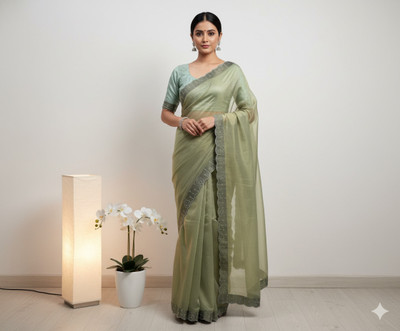 Sudev fashion Embellished Saree with Attached Blouse Net Saree(Light Green)