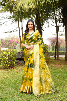 HouseOfCommon Solid/Plain, Printed Bollywood Organza Saree(Green)