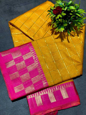 JbWorld Self Design, Woven, Checkered Chettinadu Cotton Silk, Pure Silk Saree(Yellow, Pink)