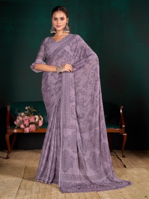 GARDEN VARELI Floral Print Bollywood Brasso Saree(Purple)