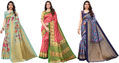 Nirvaan Printed, Woven Daily Wear Art Silk Saree(Pack of 3, Light Green, Pink, Blue)