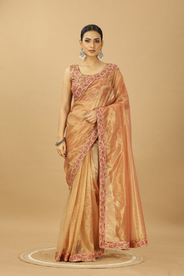 PATLANI STYLE Embroidered Bollywood Net Saree(Gold)