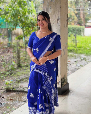 Garbguru Woven Mekhela Chador Pure Cotton Saree(Blue)